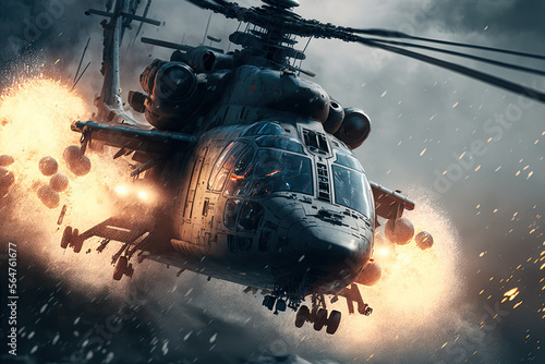 Action-Packed Helicopter Gunship Unleashing Missile and Machine Gun Fire, Generative AI photo