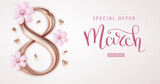 8 March banner with golden 3d number and pink realistic flower. International Women's Day poster