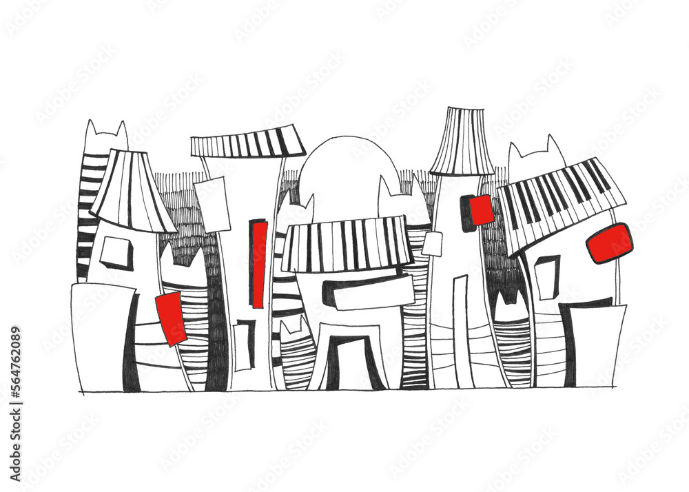 Cats and houses. Doodle buildings in city. A cartoon style street with cute houses. Fantasy street with cats silhouette art.