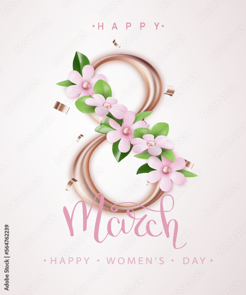 March 8 with realistic pink flowers and heart. Happy women's day ...