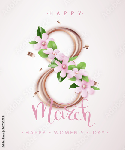March 8 with realistic pink flowers and heart. Happy women's day greeting card. International Women's Day poster