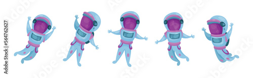 Astronaut or Cosmonaut in Spacesuit Floating in Outer Space Vector Set