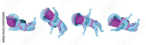 Astronaut or Cosmonaut in Spacesuit Floating in Outer Space Vector Set