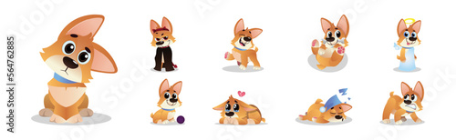 Cute Cartoon Puppy with Big Ears Showing Different Mood and Emotion Vector Set