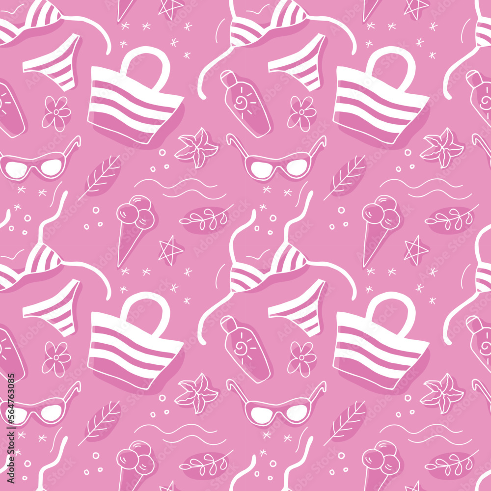 Swimsuit, sunglasses, beach bag, sun cream, ice cream cone. Set of accessories for a beach holiday, a starfish and flowers vector seamless pattern white on a pink background Swimsuit, sunglasses, beach bag, sun cream, ice cream cone. Set of accessories for a beach holiday, a starfish and flowers vector seamless pattern white on a pink background