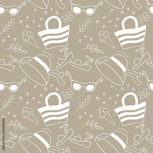 Hat, sunglasses, beach bag. Set of accessories for a beach holiday, a starfish and flowers vector seamless pattern white on a taup background