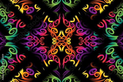 Beautiful colourful gradient flowers line art of traditional abstract symbol batik dayak ornament design template elements 