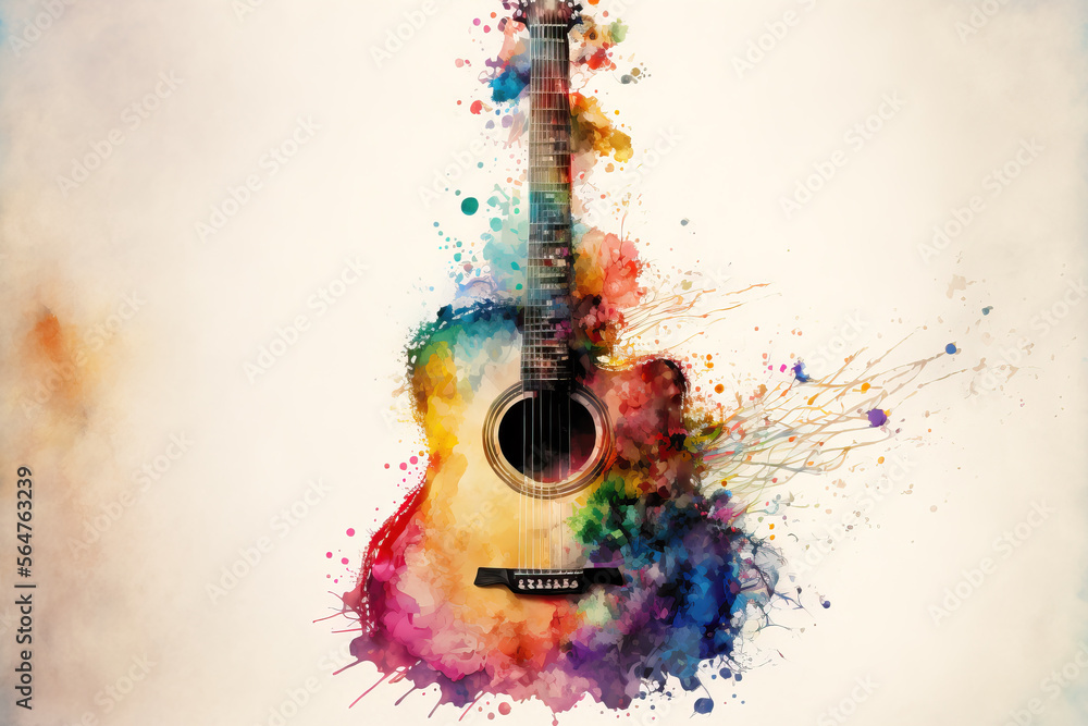 close-up of guitar in a aquarelle style, ai generated - obrazy, fototapety, plakaty 