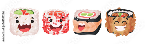 Kawaii Sushi with Rice and Fish Having Smiling Faces Vector Set