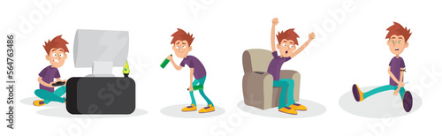 Man Character Having Bad Habits Playing Video Game, Drinking Alcohol and Taking Drugs Vector Illustration Set.
