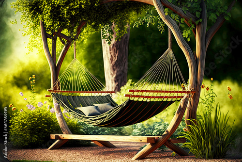 Billede på lærred wooden garden arbour with two hammock to relax in nature