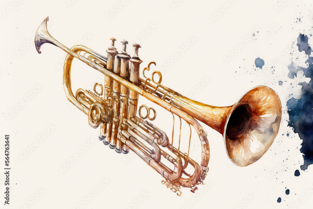 close-up of a trumpet in aquarelle style, ai generated - obrazy, fototapety, plakaty 