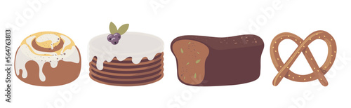 Sweet Pastry with Roll Bun, Cake, Pretzel and Bread Loaf Vector Set