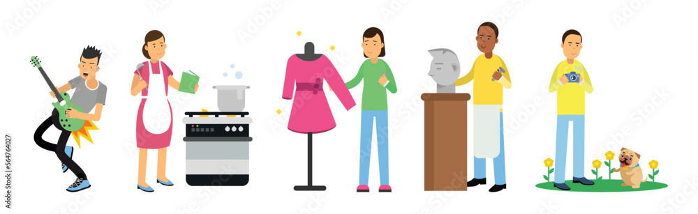 Young Man and Woman Engaged in Hobby and Leisure Activity Vector Set