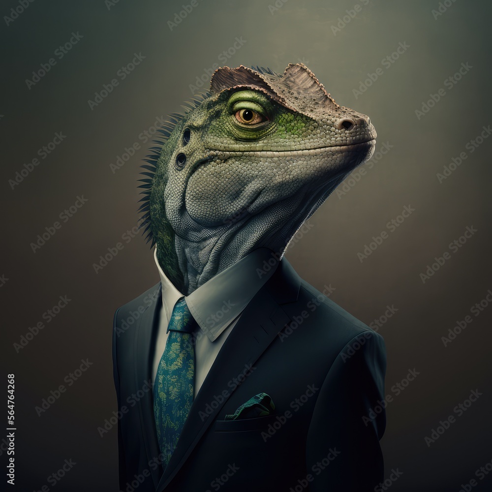 Portrait of a Reptile lizard dressed in a formal business suit, generative ai