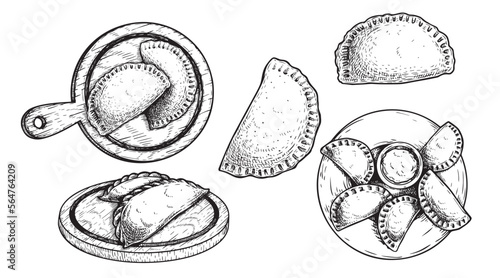 Hand drawn sketch style empanadas. set Top view on plate with sauce, single and group meals. Typical Latino America and spanish fast food. Vector illustration. Best for menu designs, packages.