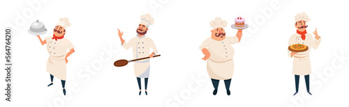 Mustached Man Restaurant Chef in Toque Cooking Meal Vector Set