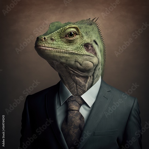 Fotobehang Portrait of a Reptile lizard dressed in a formal business suit, generative ai