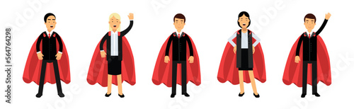 People Business Characters in Formal Suit and Red Capes in Different Poses Vector Illustration Set