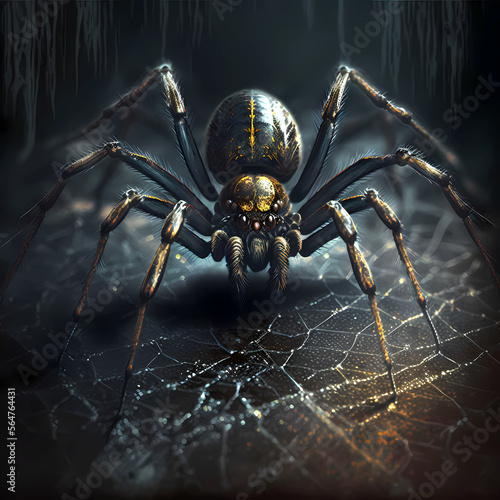 Spider. Black super creative spider on a cobweb. Dark background, art, illustration. Poster, print. Generative AI. © Thomas_Blender
