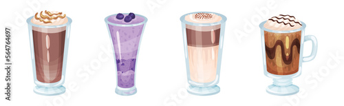 Desserts Served in Glass with Chocolate and Whipped Cream Vector Set