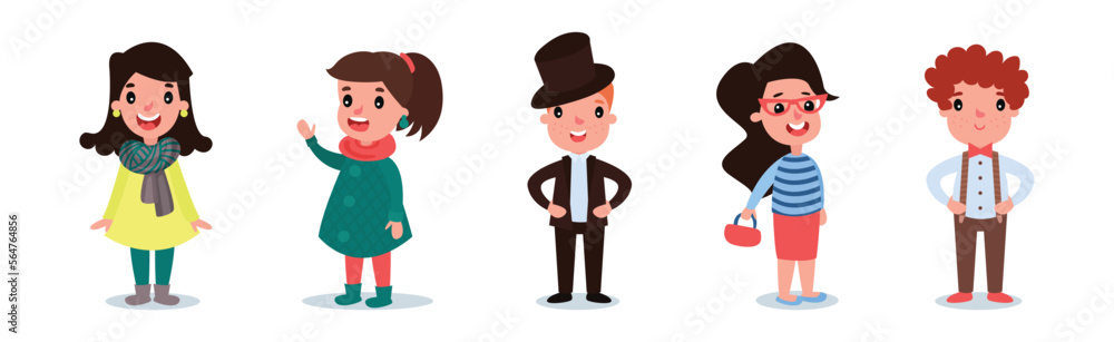 Little Boy and Girl Characters Dressed in Fashionable Garment Vector Set