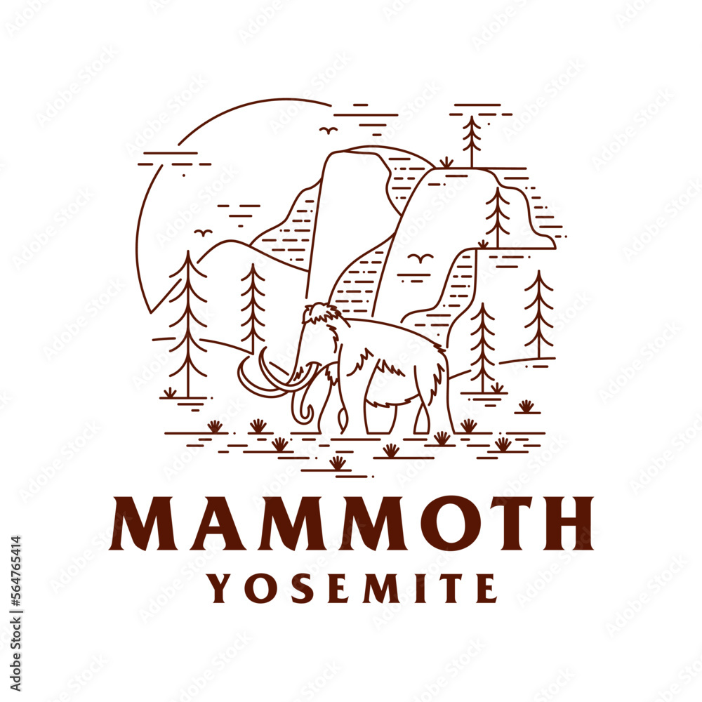 Vector Illustration of Yosemite National Park with Mammoth in mono line style art for badges, emblems, patches, t-shirts, etc.