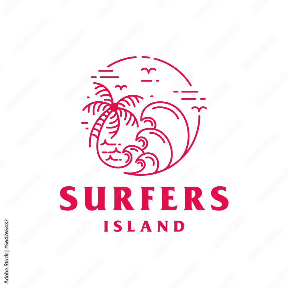 Palm Tree Island with Waves Symbol. Ocean Sun Beach Design Vector Illustration Palm Tree Island with Waves Symbol. Ocean Sun Beach Design Vector Illustration