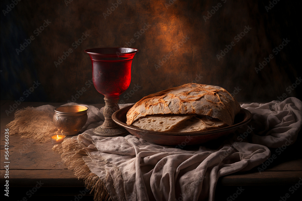 Chalice of wine with a piece of bread on a Lord's Supper table, wine
