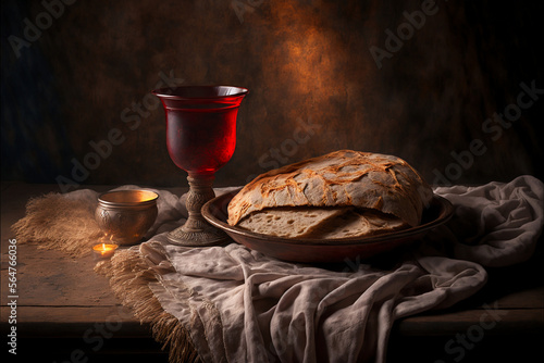 Chalice of wine with a piece of bread on a Lord's Supper table, wine, bread, supper, christ.