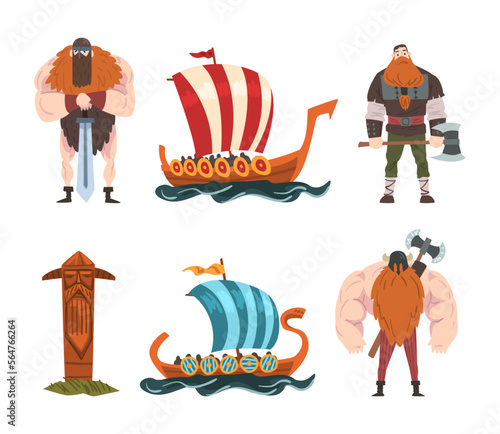 Viking Male Character with Weapons and Drakkar Ship or Boat Vector Set