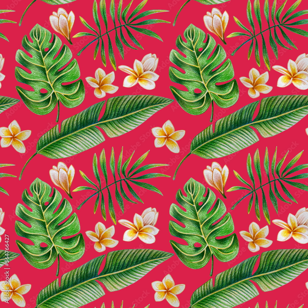 Seamless pattern of tropical leaves and flowers drawn with colored pencils on a Viva Magenta background. For fabric, sketchbook, wallpaper, wrapping paper. Seamless pattern of tropical leaves and flowers drawn with colored pencils on a Viva Magenta background. For fabric, sketchbook, wallpaper, wrapping paper.