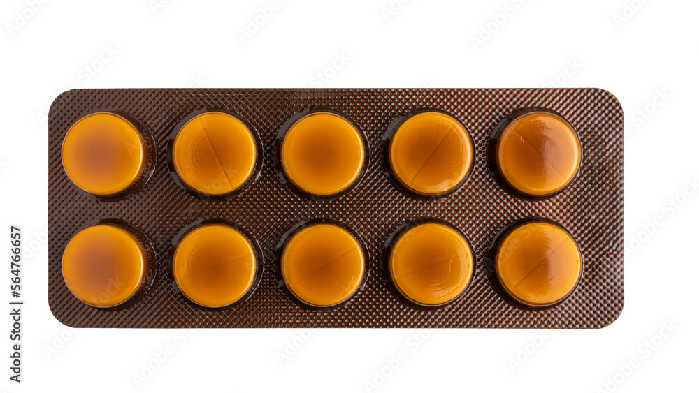 Obraz premium Pills, tablets in a blister pack isolated on transparent background, top view, healthcare and medicine concept