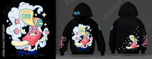 Modern posters crazy fun ice cream emoji cartoon style agaric psilocin hippie in the style of Techno, Rave, Electronic music future acid. Print layout sweatshirt with hood black background