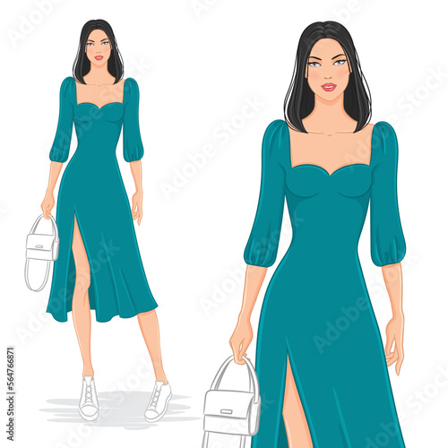 Vector fashion illustration of a beautiful young woman in a summer dress. Fashion model in a summer outfit, isolated on white background.