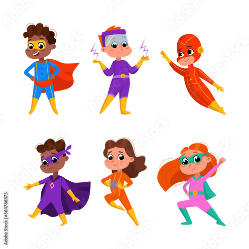 Happy Smiling Kids Wearing Colorful Superhero Costumes Vector Set