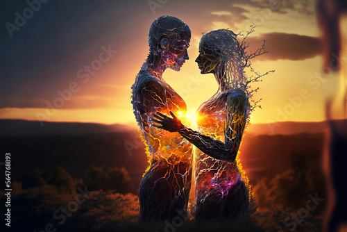 Abstract of eternal love intertwined throughout the centuries and many lives against a beautiful sunset Fototapet
