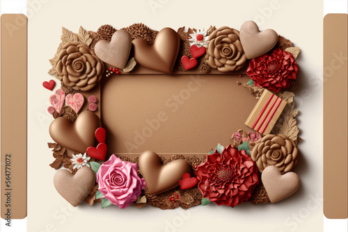 Valentine`s Day background. horizontal frame postcard paper kraft, made of gifts, hearts, roses and chocolates of Valentines day, copy space photo