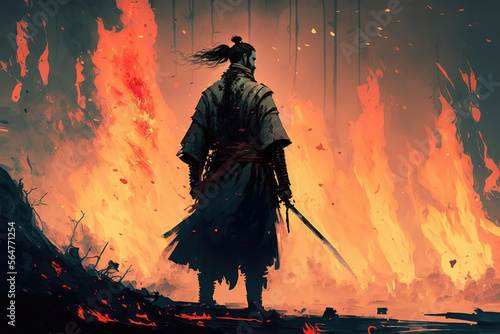 a man with sword standing in front of a fire, fantasy concept art illustration  © vvalentine