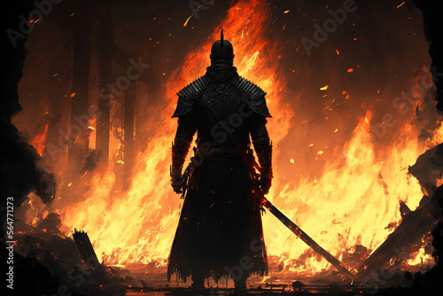a man with sword standing in front of a fire, fantasy concept art illustration 
