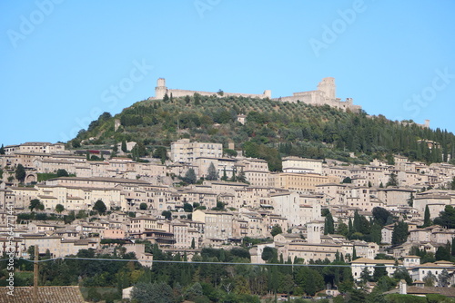 View to hill town Assisi and Rocca Maggiore, Umbria Italy photo