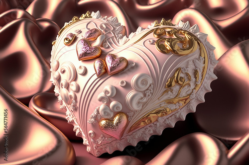 Pink chocolate decorated heart on a satin background. Digital painting effect, created with generative AI technology.