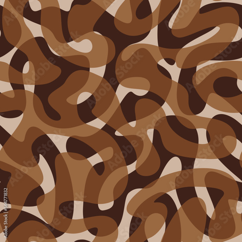Camouflage pattern. Seamless vector background. On-trend brown earth tones for a warm atmosphere. Squiggly intersecting lines. Wavy abstract geo organic shapes decorative texture.