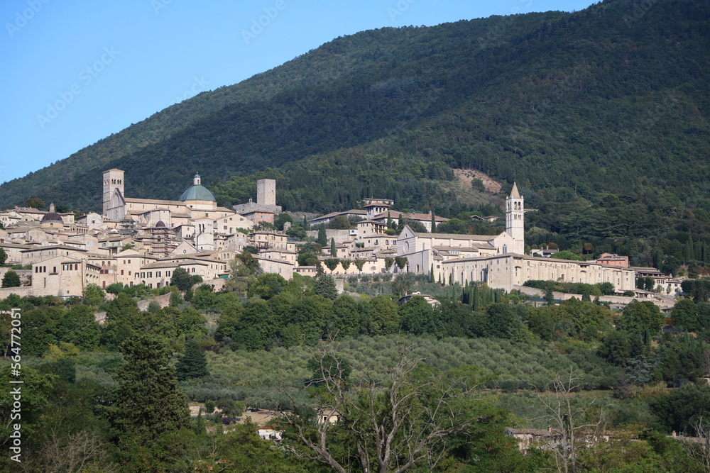 View to Basilica Santa Chiara and Cathedral San Rufino in Assisi, Umbria Italy