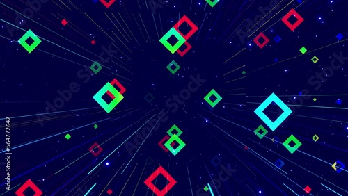 Motion graphic, camera fly throungh abstract art space, multilayer structure with pattern and particles. Glow rectangles, streaks and lines. Rainbow gradient color. Motion design vj loop. 3d structure photo