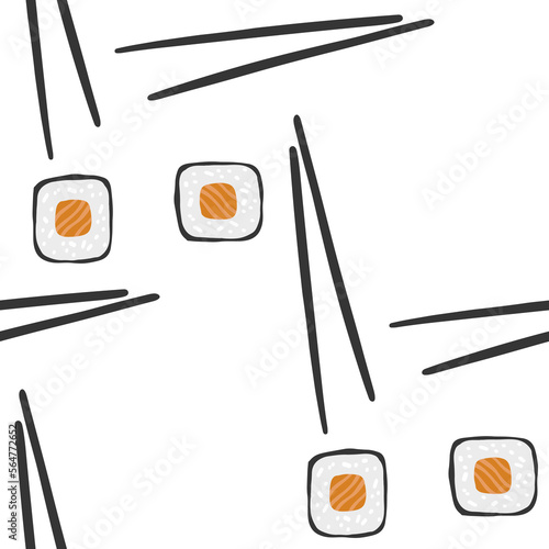 Seamless pattern with illustration of sushi roll with chopsticks on white background