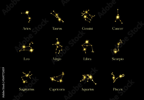 Horoscope Constellations of the zodiac sign from a golden texture on a black background