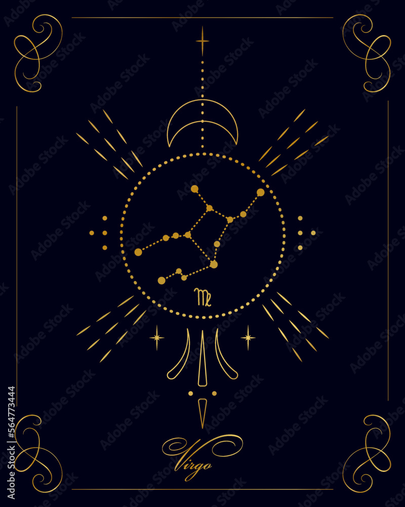 Magic astrology poster with Virgo constellation, tarot card. Golden design  on a black background. Vertical illustration, vector Stock Vector | Adobe  Stock