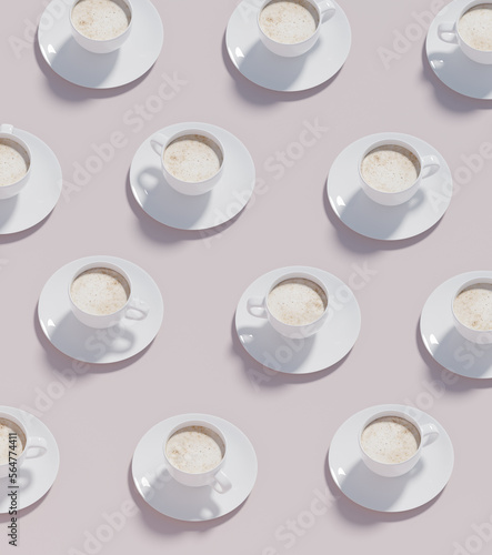 Pattern of coffee cups in tan pastel background, 3d rendering. Coffee culture cappuccino drinks, daily caffeine consumption