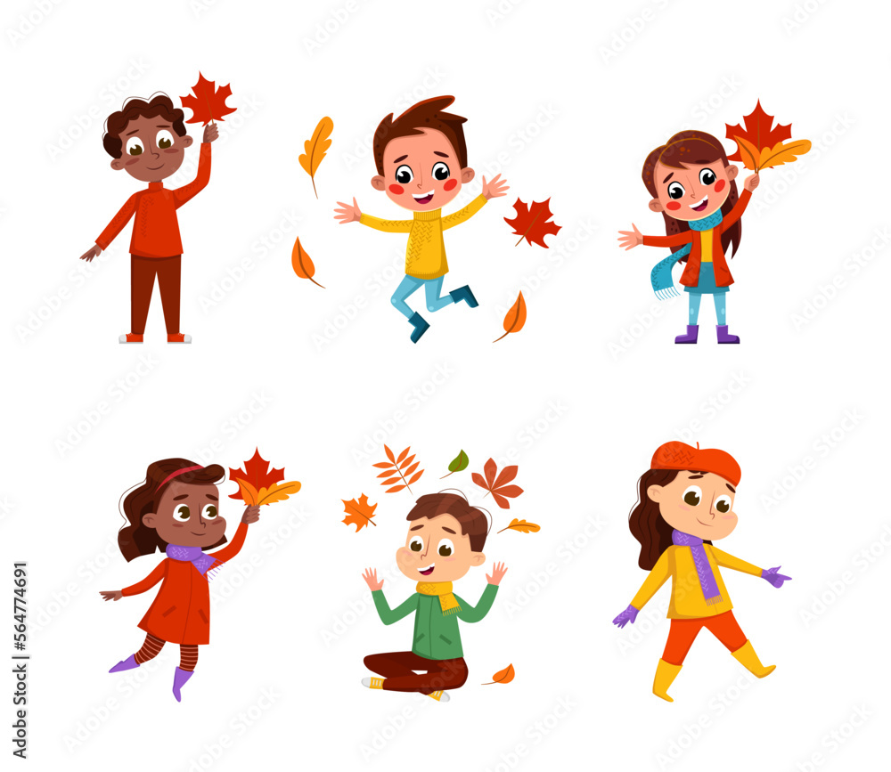 Kids with Autumn Leaf Walking Outdoor in Warm Clothes Vector Set Kids with Autumn Leaf Walking Outdoor in Warm Clothes Vector Set